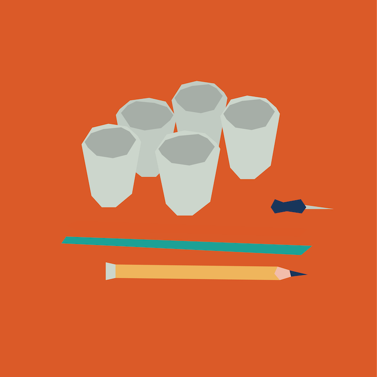 Illustrated cups, pencil and ruler on an orange background