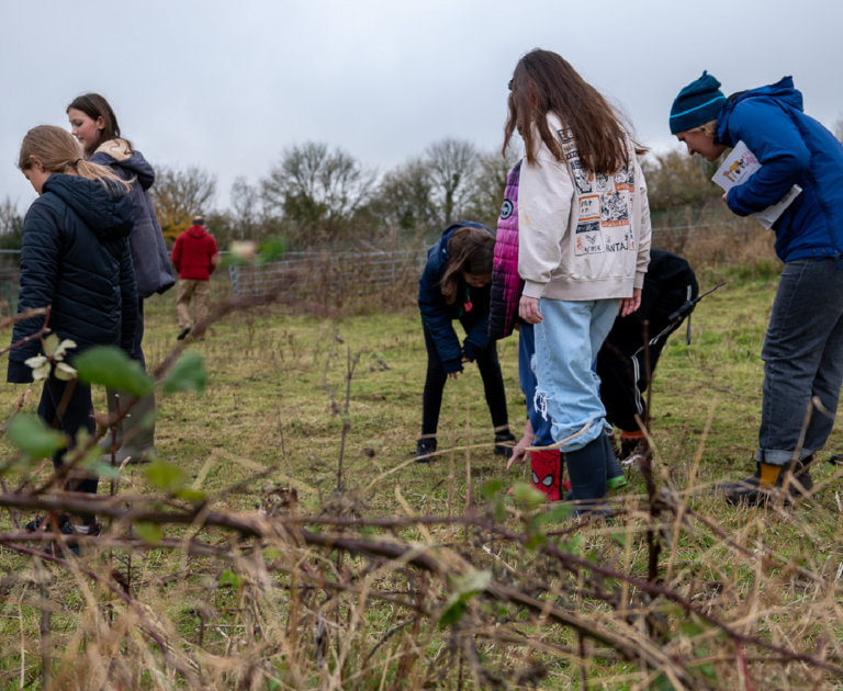 A group of children, wearing thick coats and wellington boots, are exploring the grassland around Winchester Science Centre. They're looking for different types of fungi.