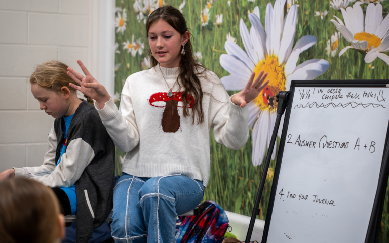 A girl with long brown hair, wearing a white jumper with a red and brown mushroom on the front, is sat down presenting. To the right of her is a whiteboard and behind her is a mural of daisies in a meadow.